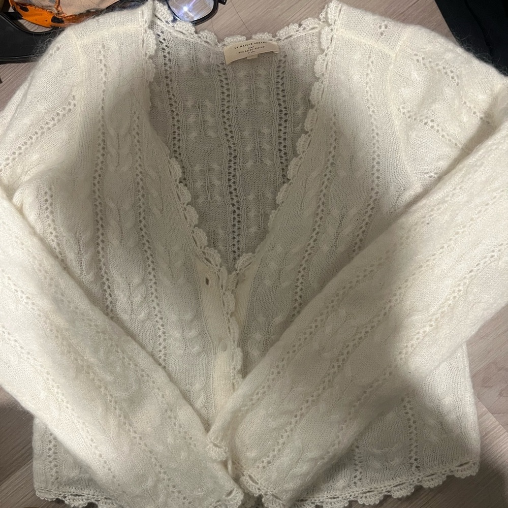 Sezane Cream Scalloped Mohair-Blend Cardigan